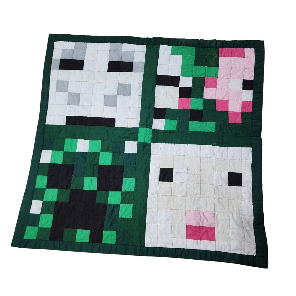 Handmade Minecraft Style Pixel Art Patchwork Quilt Creeper Skeleton 33.5x33.5